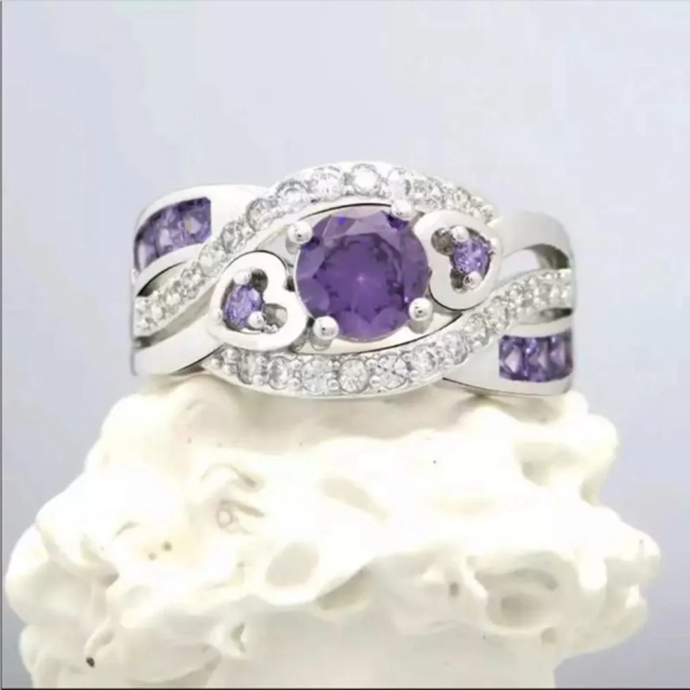 925 Sterling Silver Rainbow Topaz Solitaire with Purple Amethyst Inlay Ring - Picture 4 of 5